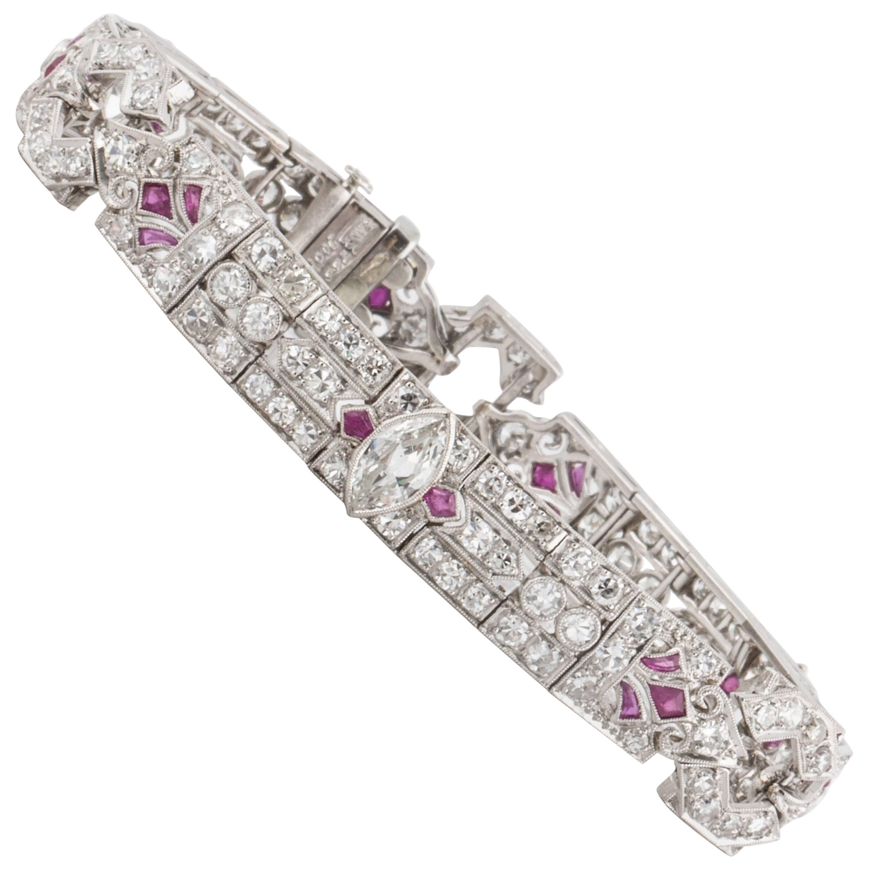 Art Deco Platinum Diamond and Ruby Bracelet