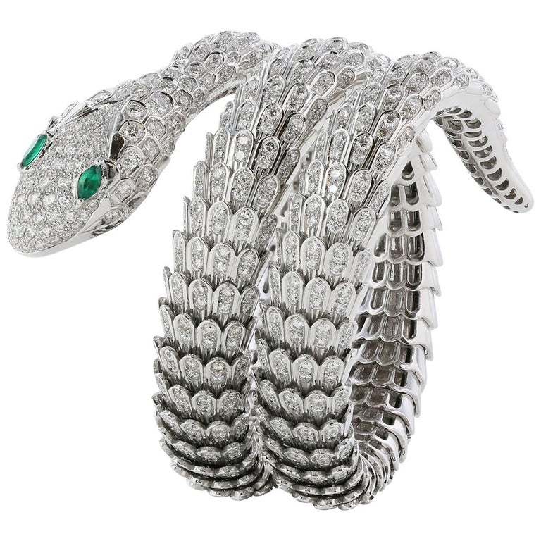 Diamond Emerald Eye Snake Bracelet For Sale at 1stDibs