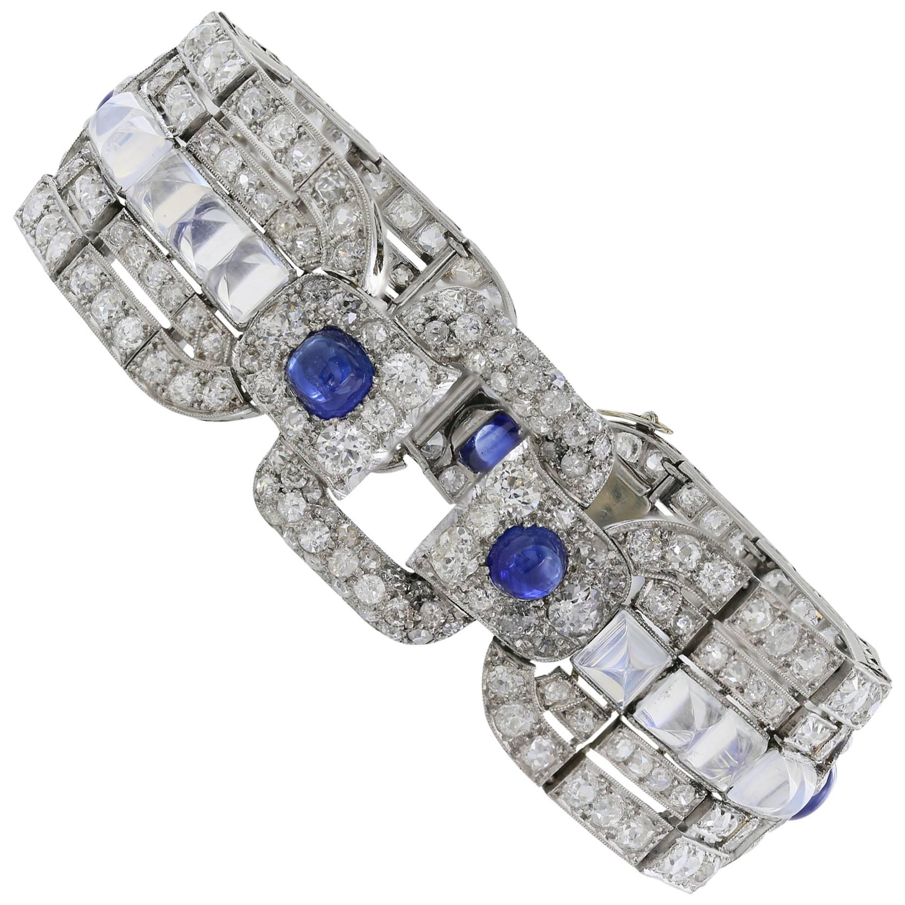 Art Deco Sapphire Moonstone Diamond Platinum Bracelet For Sale