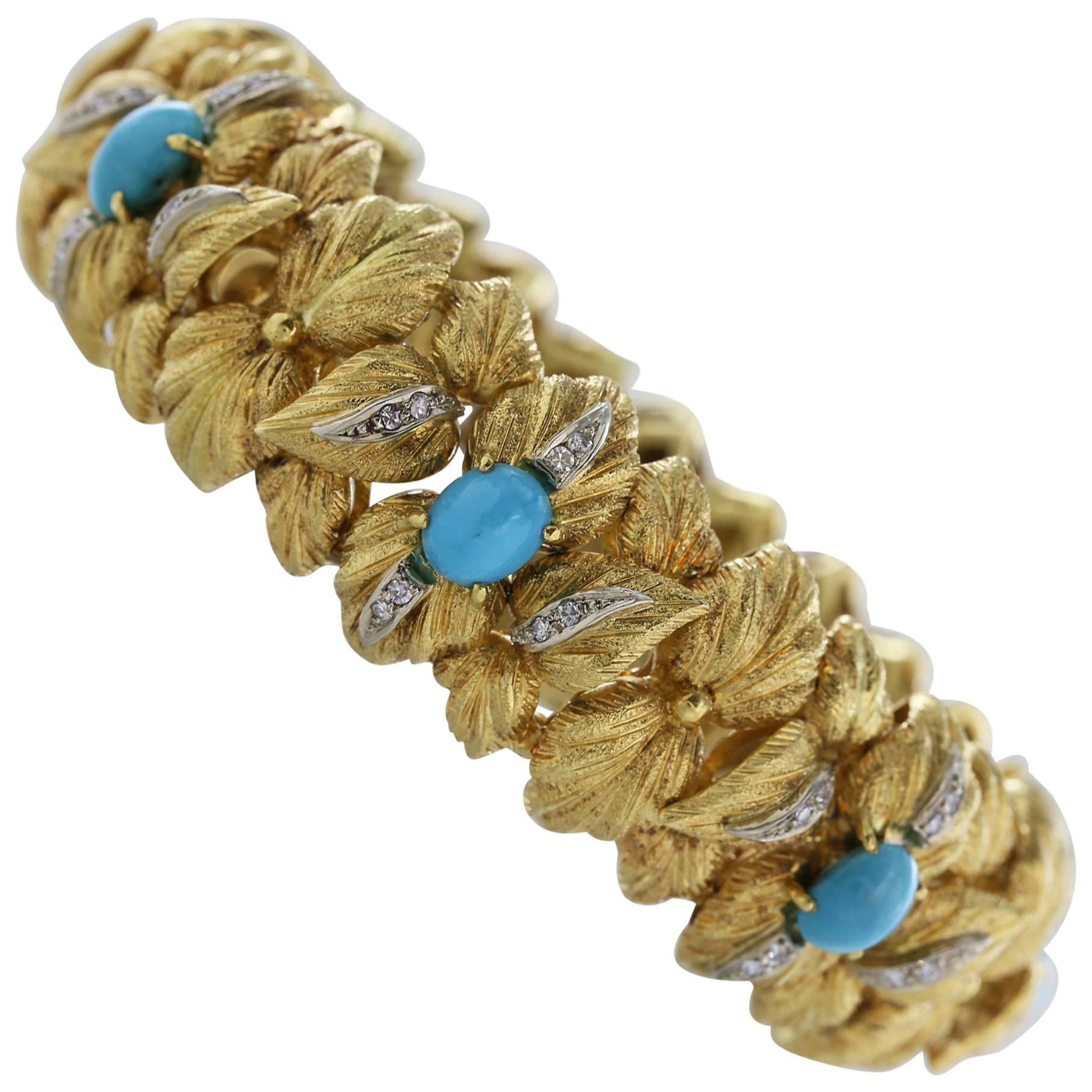 Turquoise Diamond Gold Bracelet For Sale