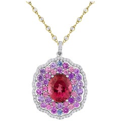 Exquisite Magenta Tourmaline Purple Pink Blue Spinel Diamonds Gold Pendant