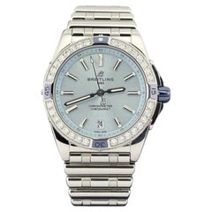Breitling Super Chronomat A17356 38 mm, lunette sertie de diamants, cadran bleu, boîtier en acier, livret d'accompagnement