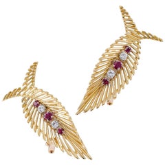 Tiffany & Co. 1950s Ruby Diamond Gold Retro Earclips