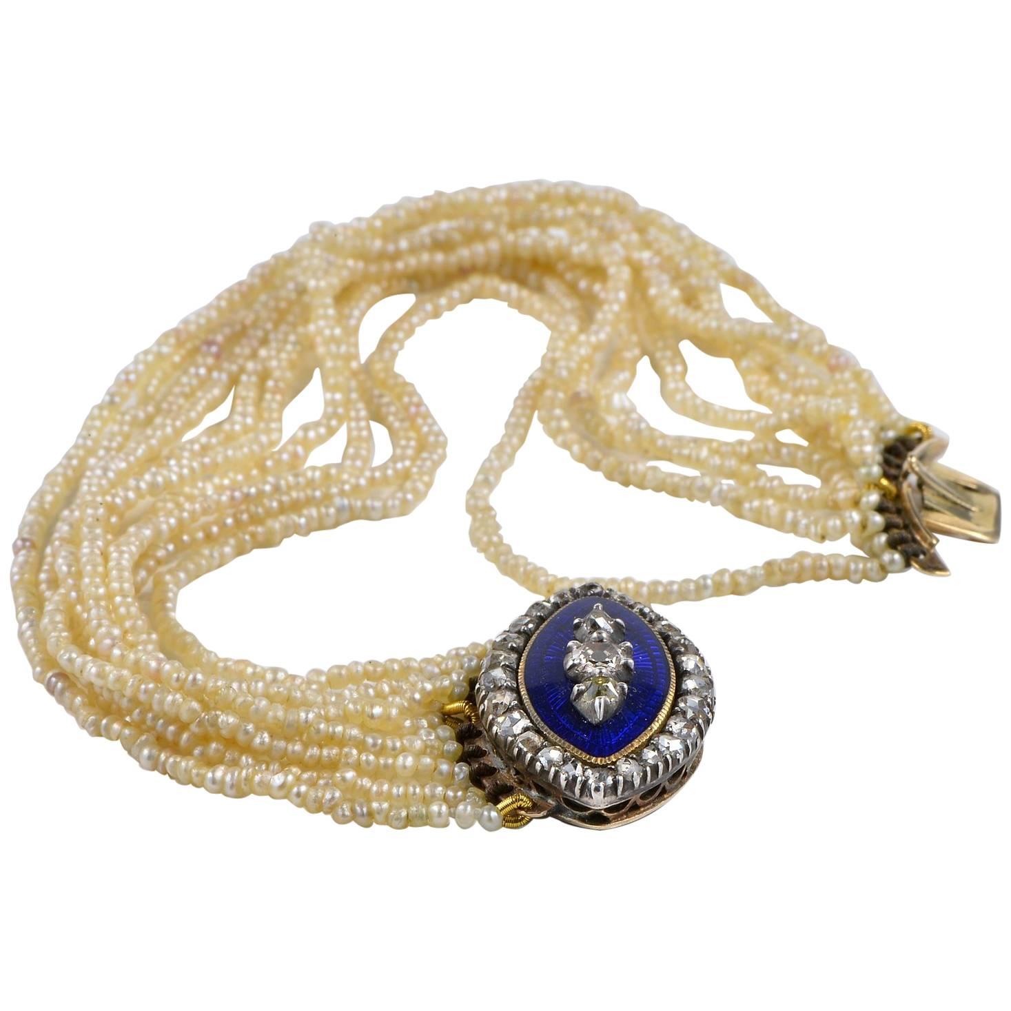 Pair of Georgian Bracelets Natural Pearl Diamond Royal Blue Enamel For Sale