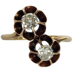 Cushion Cut Diamond Bypass Gold Toi et Moi Edwardian Antique Flowers Ring