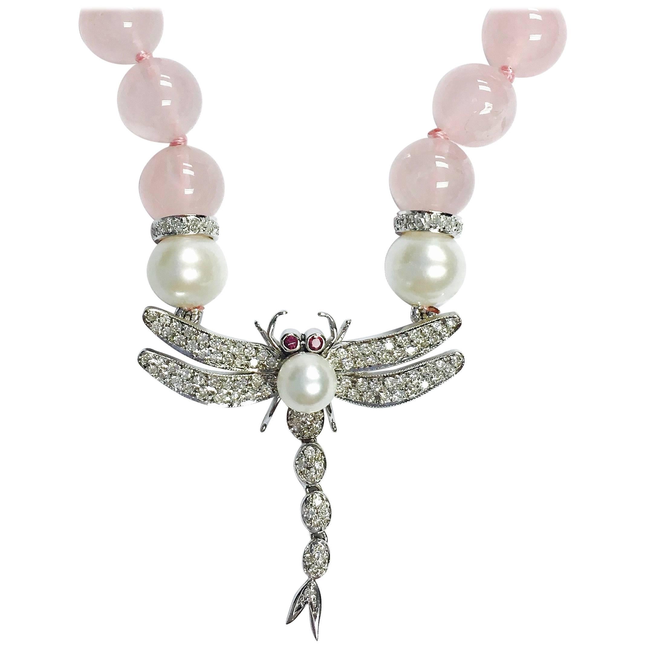 Diamond Rose Quartz Pearl and Ruby Dragonfly Necklace For Sale