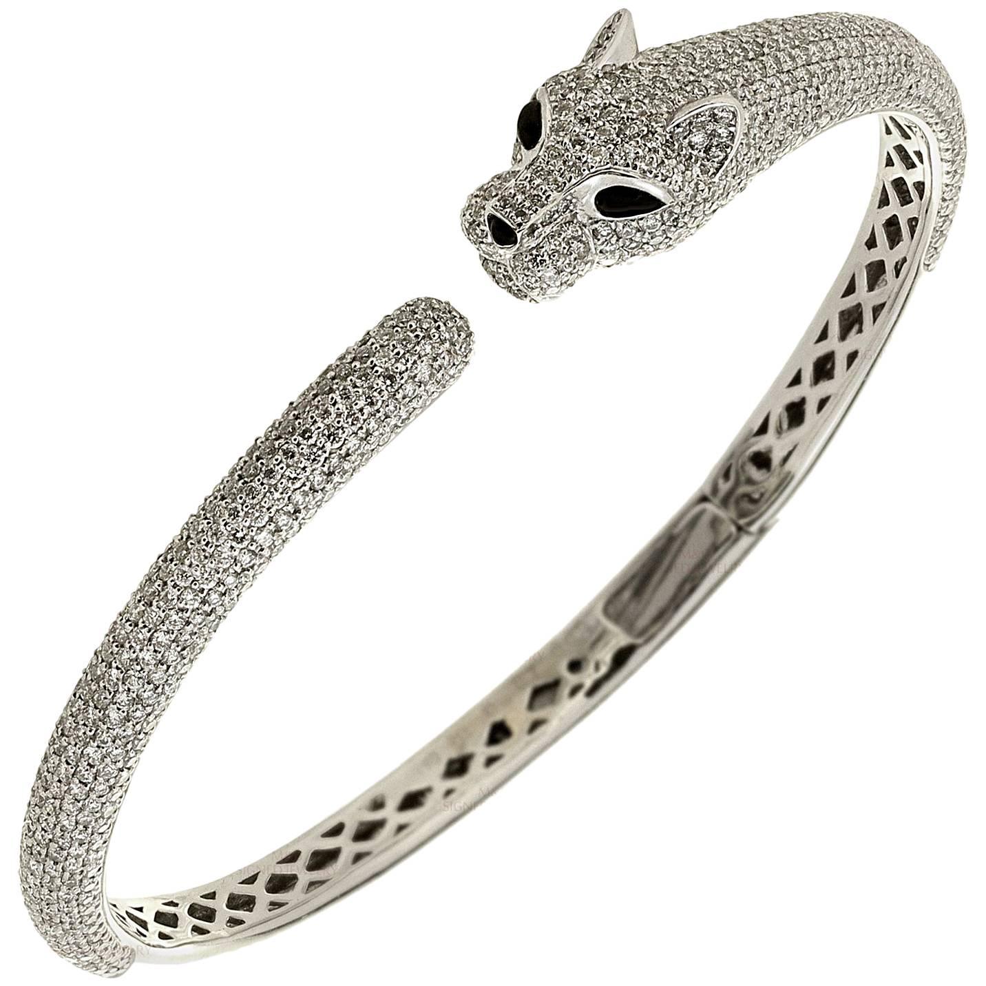 Diamond Onyx White Gold Panther Bangle Bracelet