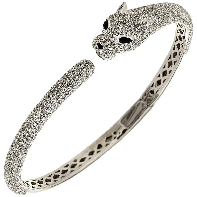 Diamond Onyx White Gold Panther Bangle Bracelet at 1stDibs diamond