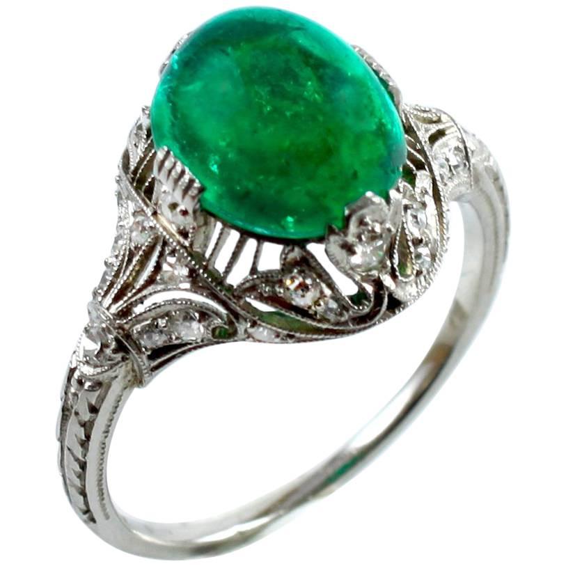 Art Deco Old-Mine Emerald Cabochon and Diamond Ring, circa 1920s at 1stDibs