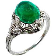 Art Deco Old-Mine Emerald Cabochon and Diamond Ring, circa 1920s