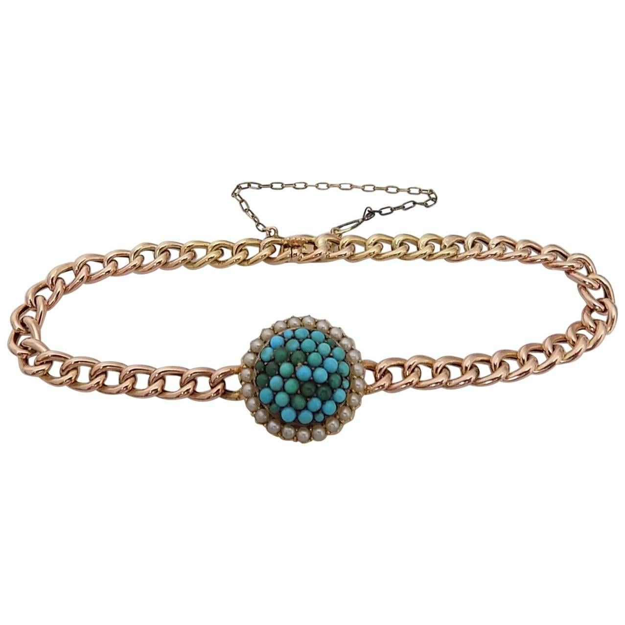 15K Victorian Turquoise Pearl Gold Bracelet For Sale