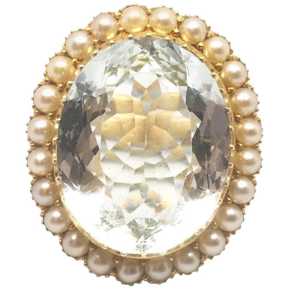Large Antique Aquamarine and Pearl Gold Ring For Sale