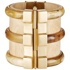 Fouche Bespoke Diana Vreeland Horn Wood Emerald Ruby Gold Cuff Bracelet