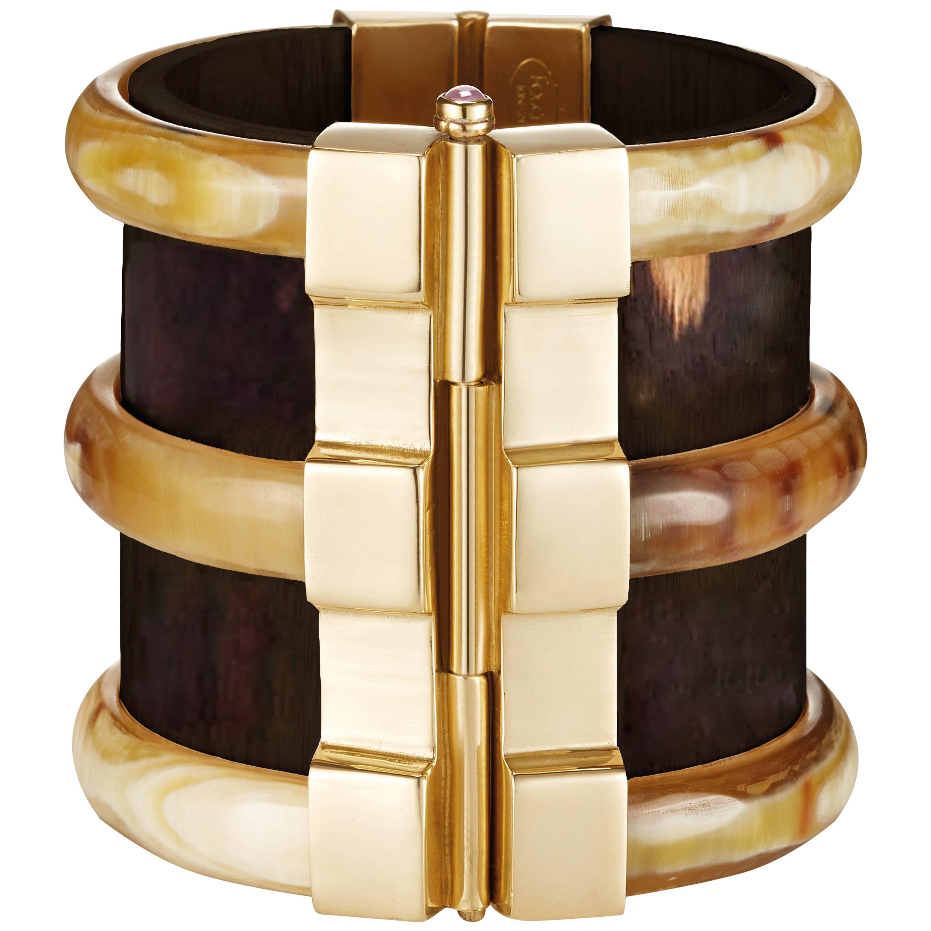 Fouche Cuff Bracelet Gold Bespoke Diana Vreeland Horn Emerald Sapphire Ruby Wood For Sale