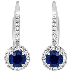 Blue Sapphire Round Diamond Halo Gold Dangle Leverback Earring