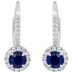 Blue Sapphire Round Diamond Halo Gold Dangle Leverback Earring 11