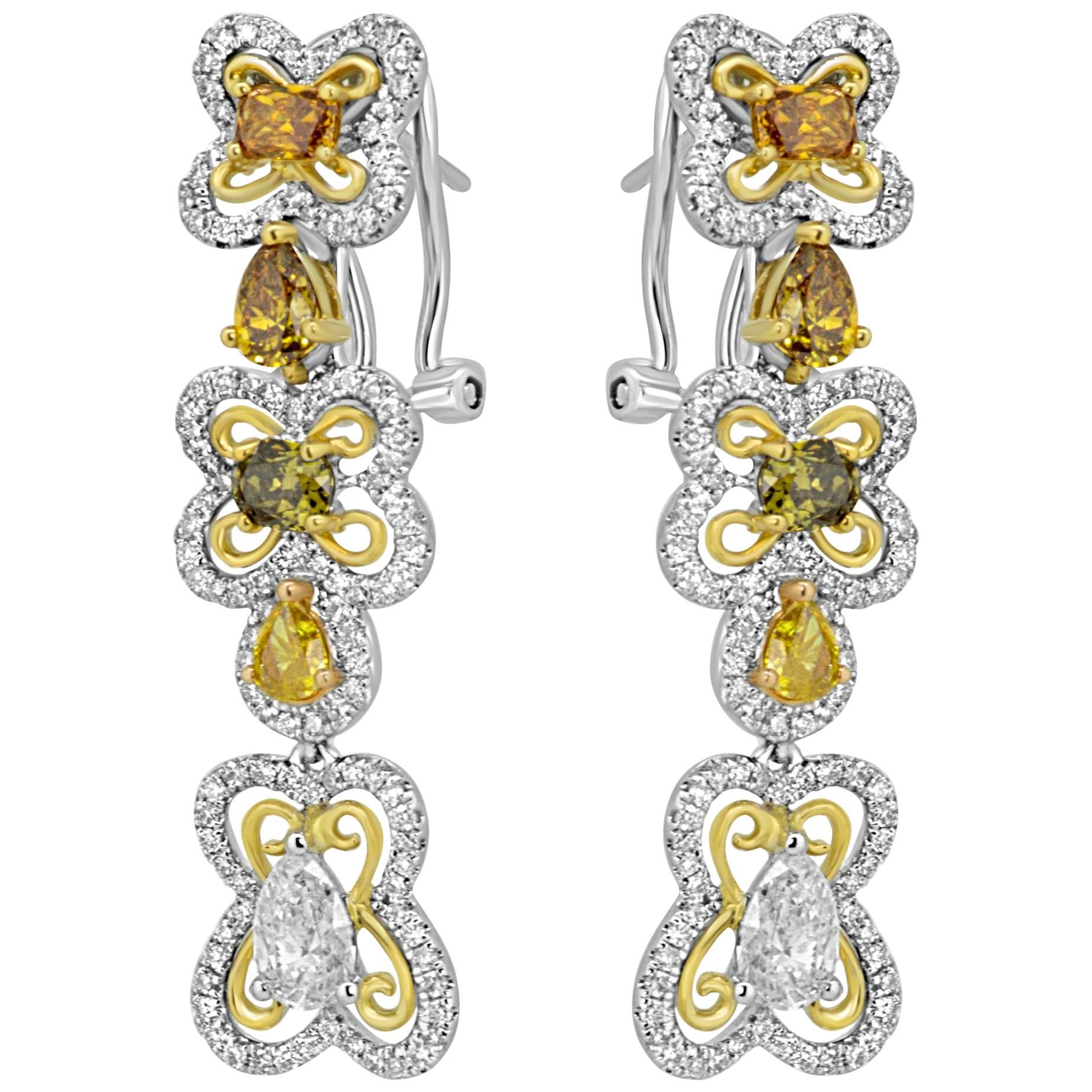 Natural Multi-Color Diamond Two Color Gold Dangling Lever Back Earring
