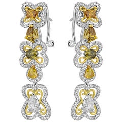Natural Multi-Color Diamond Two Color Gold Dangling Lever Back Earring