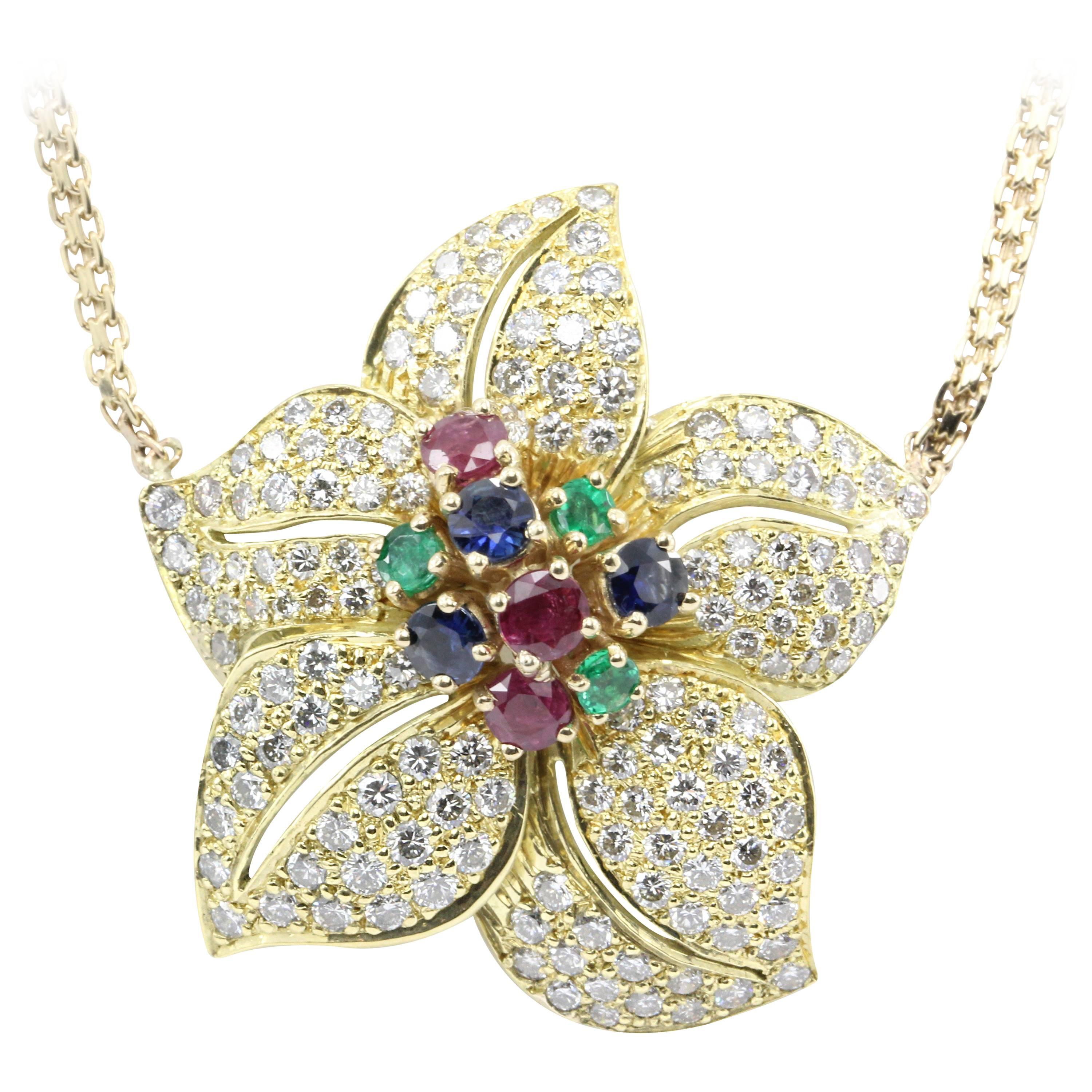 Retro Gold Diamond Emerald Ruby Sapphire Flower Necklace