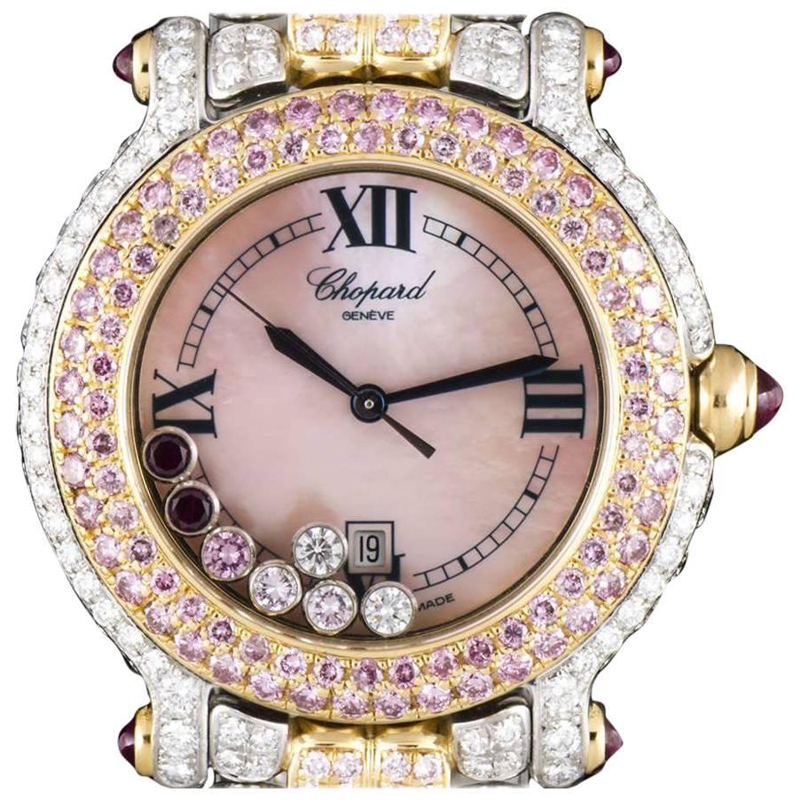 Chopard Ladies Yellow White Gold Fully Loaded Diamond Pink Diamond Wristwatch