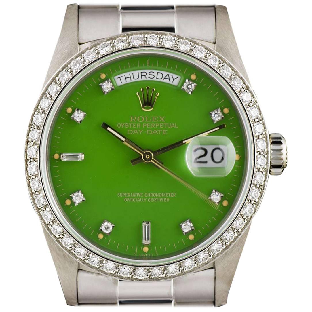 Rolex White Gold Green Stella Dial Day Date Omani Crest Automatic Wristwatch