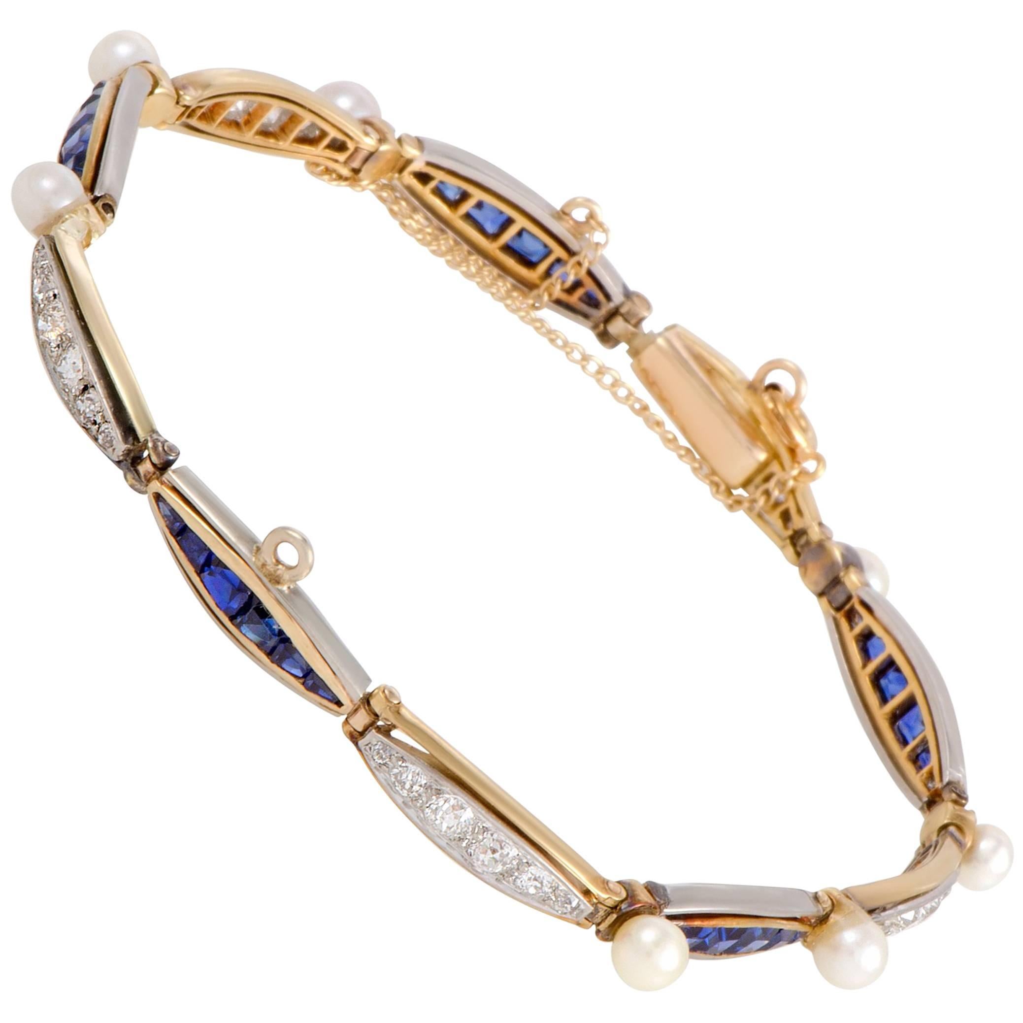 Diamond Sapphire and Pearl Yellow and White Gold Bracelet