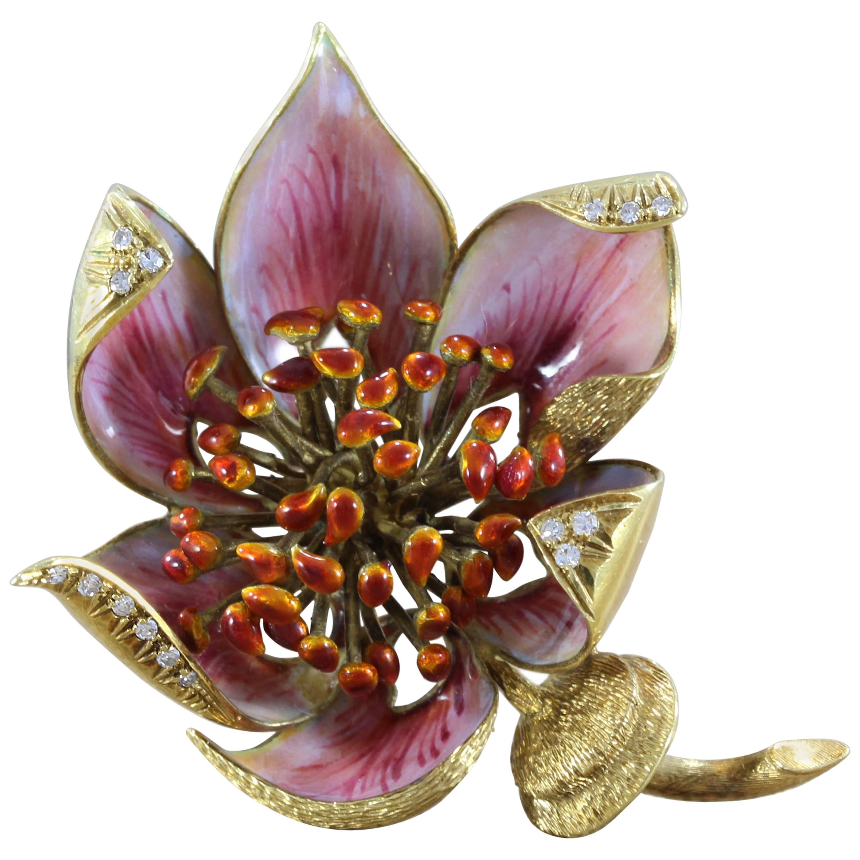 Italienische Blumenbrosche aus Gold mit Emaille und Diamanten
