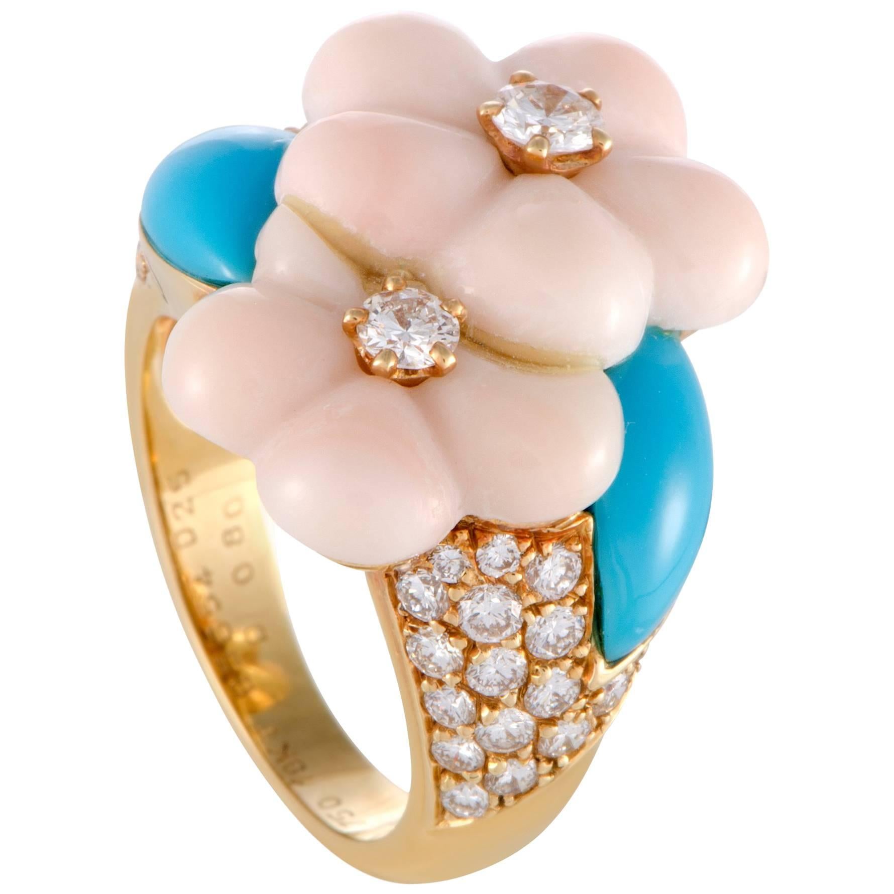 Van Cleef & Arpels Diamond Coral and Turquoise Yellow Gold Ring