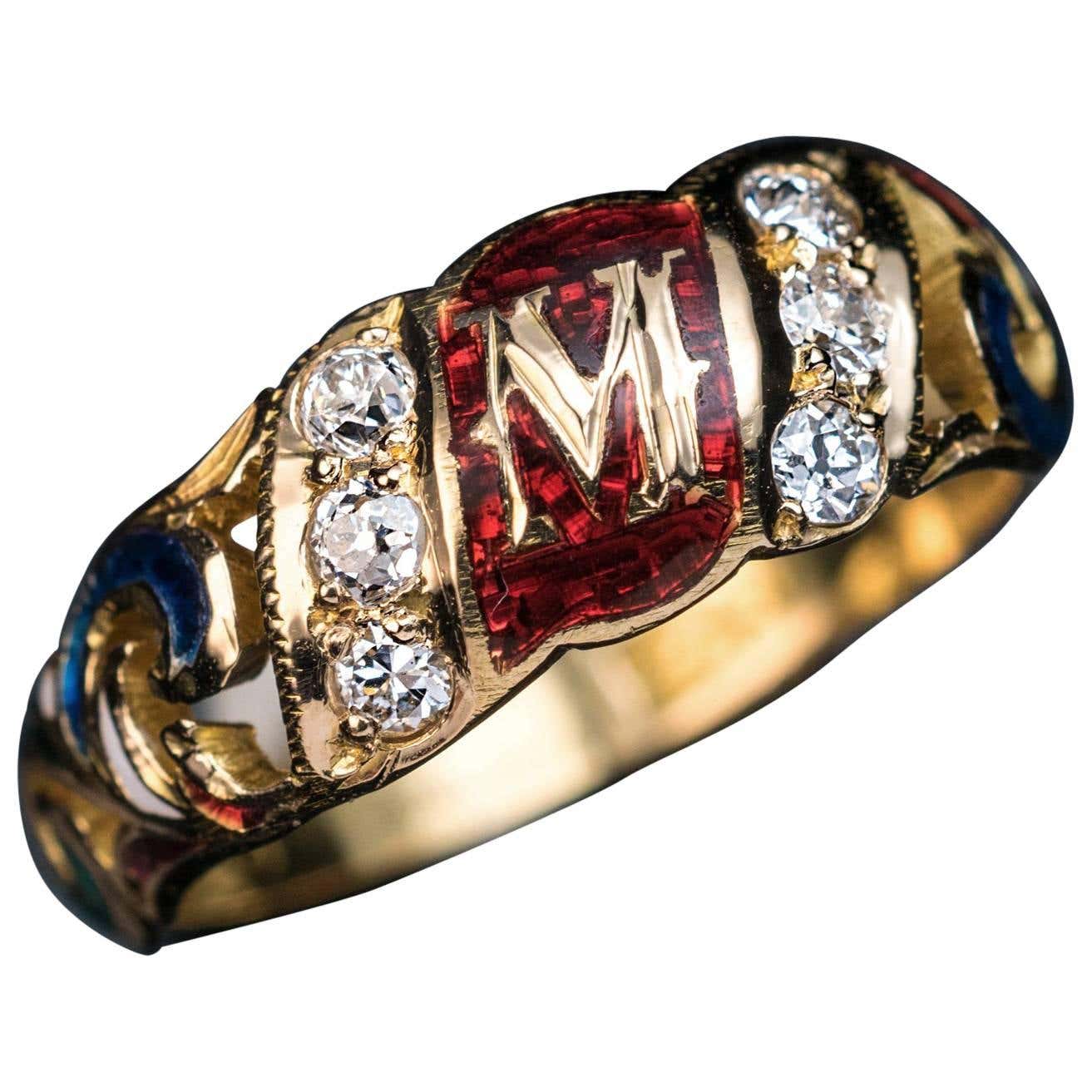 Renaissance Style ‘M’ Monogram Gold Enamel Diamond Ring at 1stDibs ...