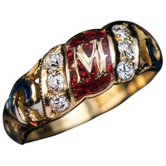 Renaissance Style ‘M’ Monogram Gold Enamel Diamond Ring