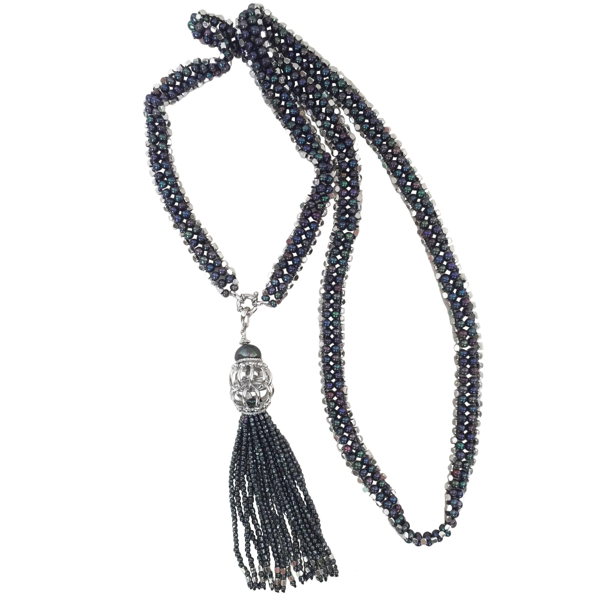 Sautoir Marina J en argent sterling, perles noires et rhodium avec pompon en hématite en vente 13