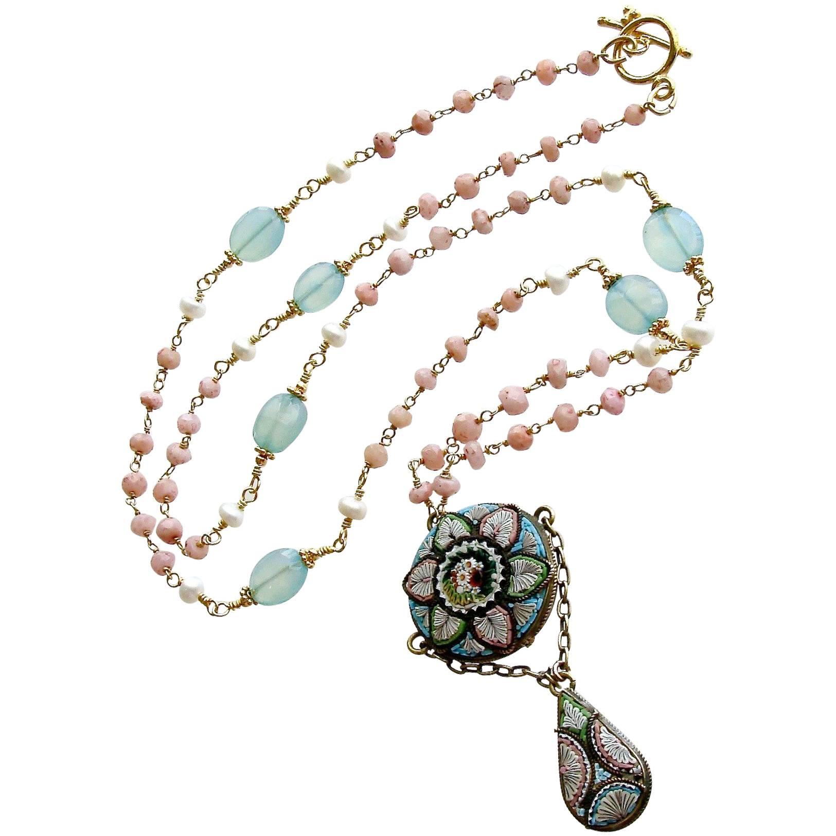 Peruvian Pink Opal Aqua Chalcedony Micro Mosaic Necklace