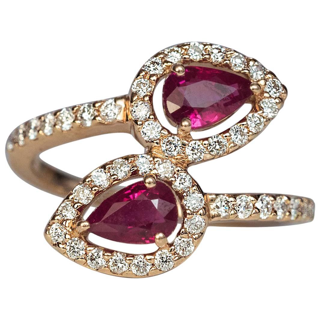 Contemporary Bypass Ruby Diamond Gold Ring For Sale