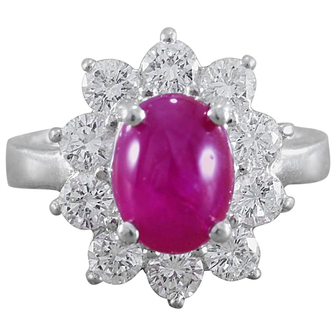 GIA Certified Cabochon Burma Ruby Diamond Platinum Ring