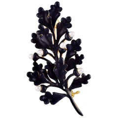 Antique Black Enamel Gold Pearl Acorns Oak Leaf Brooch