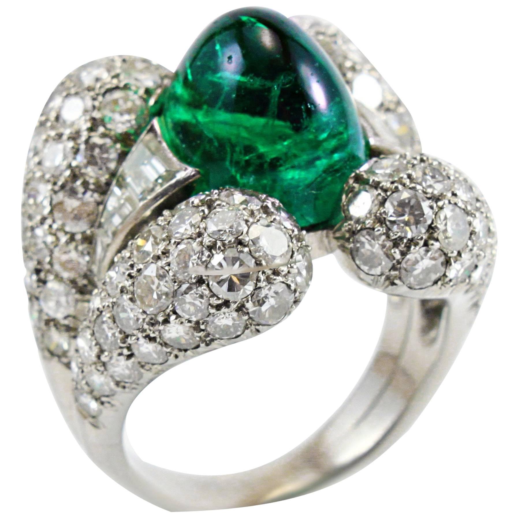 Platinum Retro Emerald Cabochon Diamond Ring For Sale