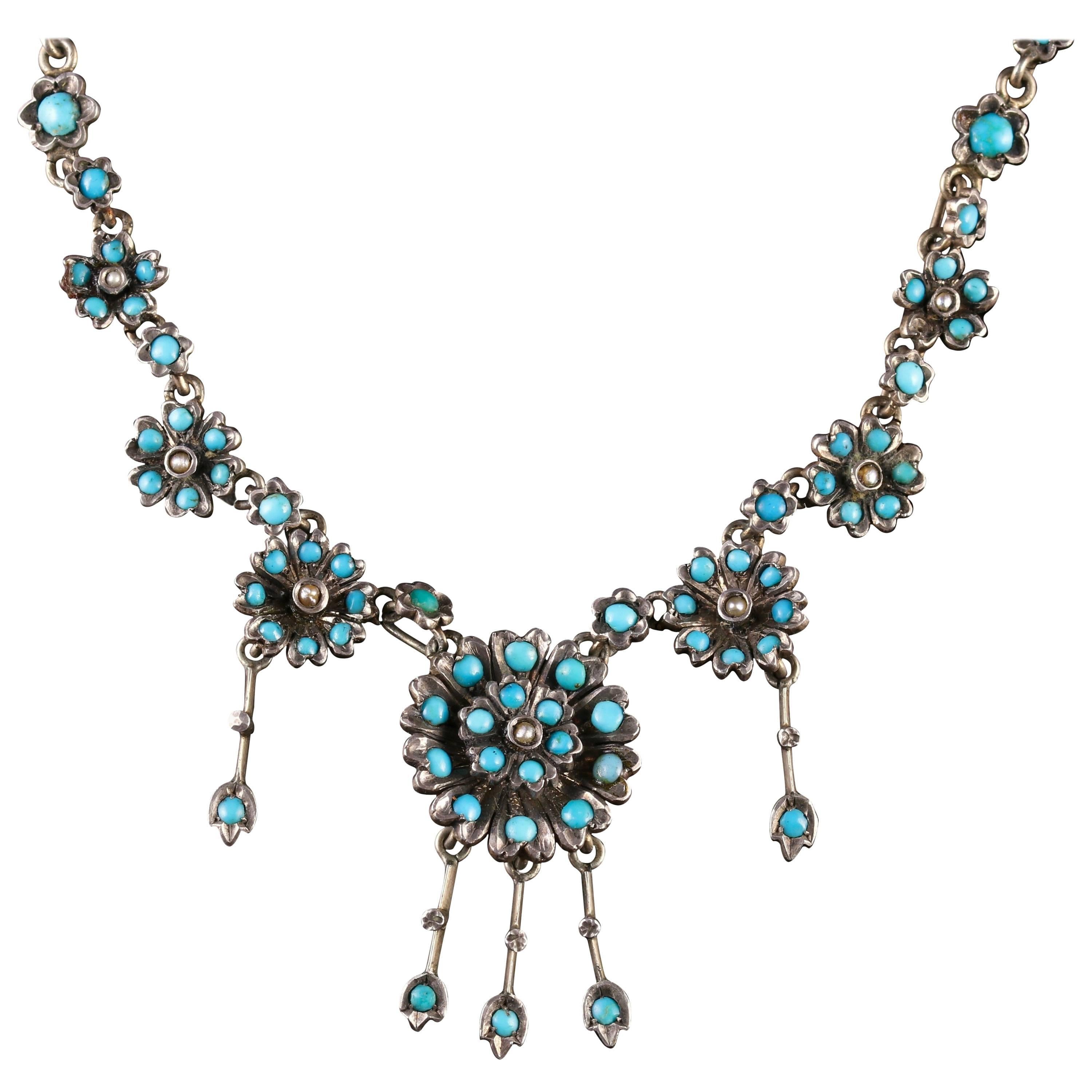 Antique Victorian Turquoise Necklace Forget Me Not, circa 1880 For Sale