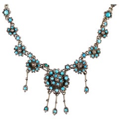 Antique Victorian Turquoise Necklace Forget Me Not, circa 1880