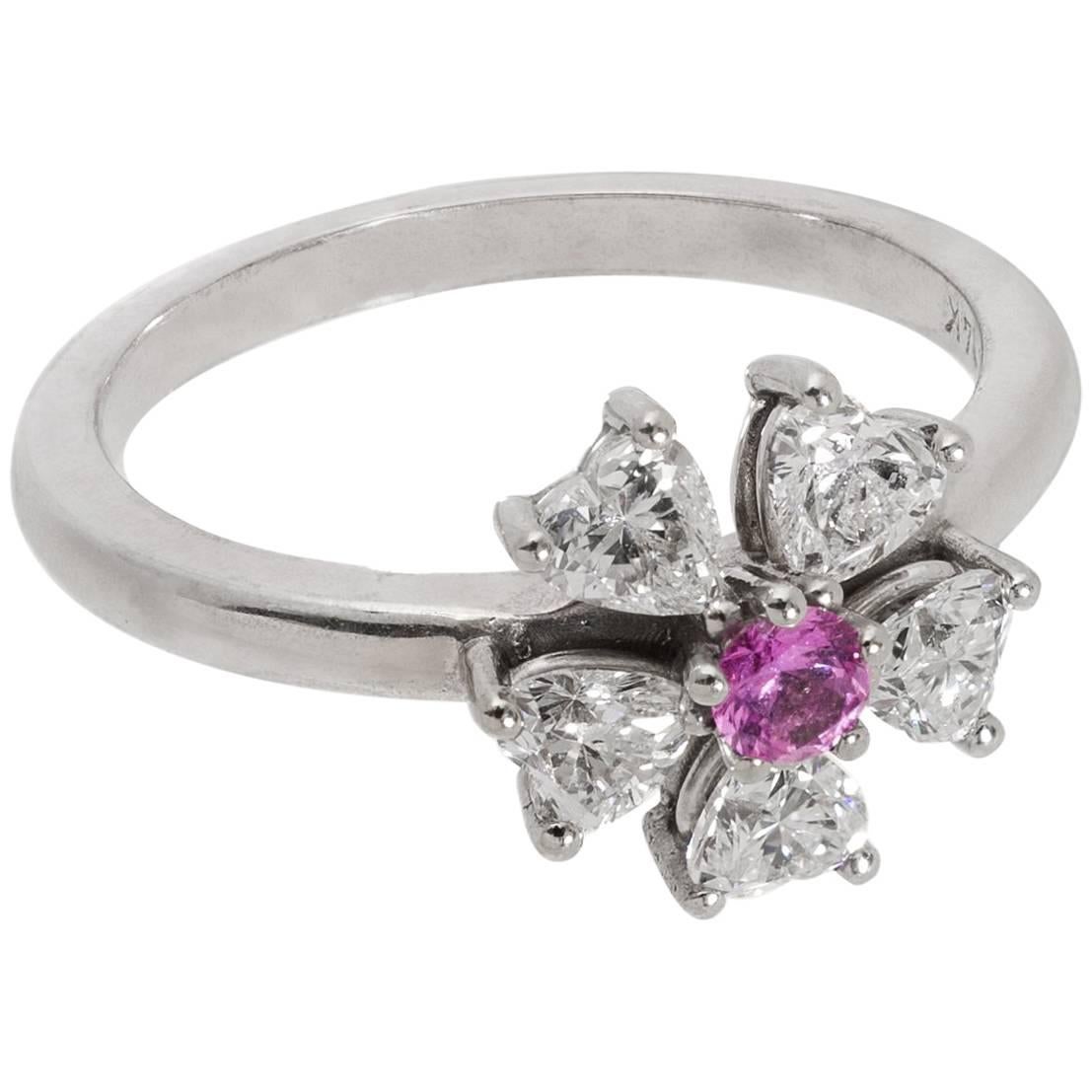 Floral Motif Diamond Ring with Ideal Cut Heart Shaped Diamonds For Sale