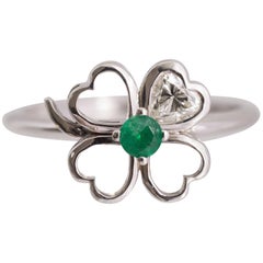 Four-Leaf Clover Motif Diamond and Emerald Ring 