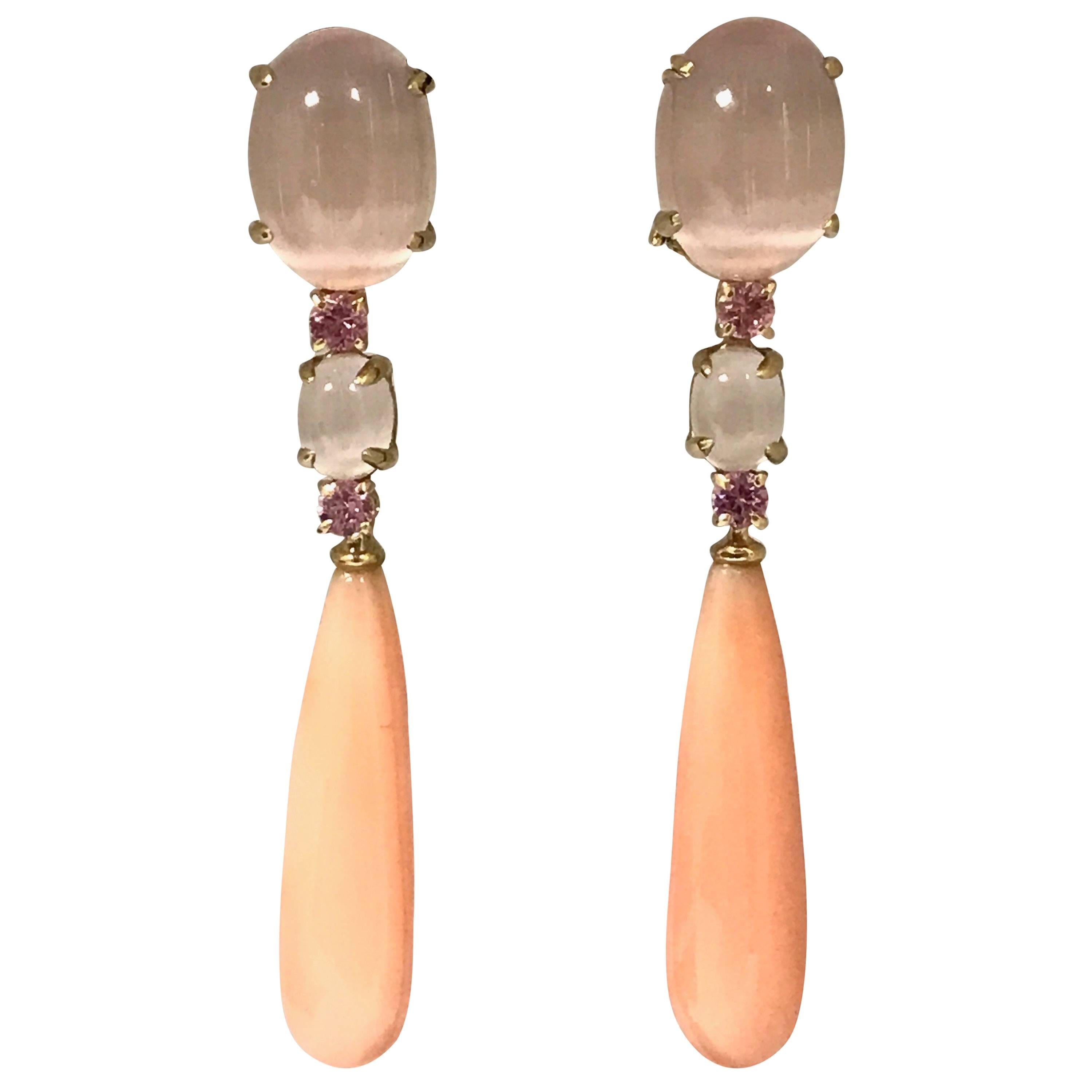 Coral Pink Quartz and Pink Sapphires Yellow Gold Earrings For Sale