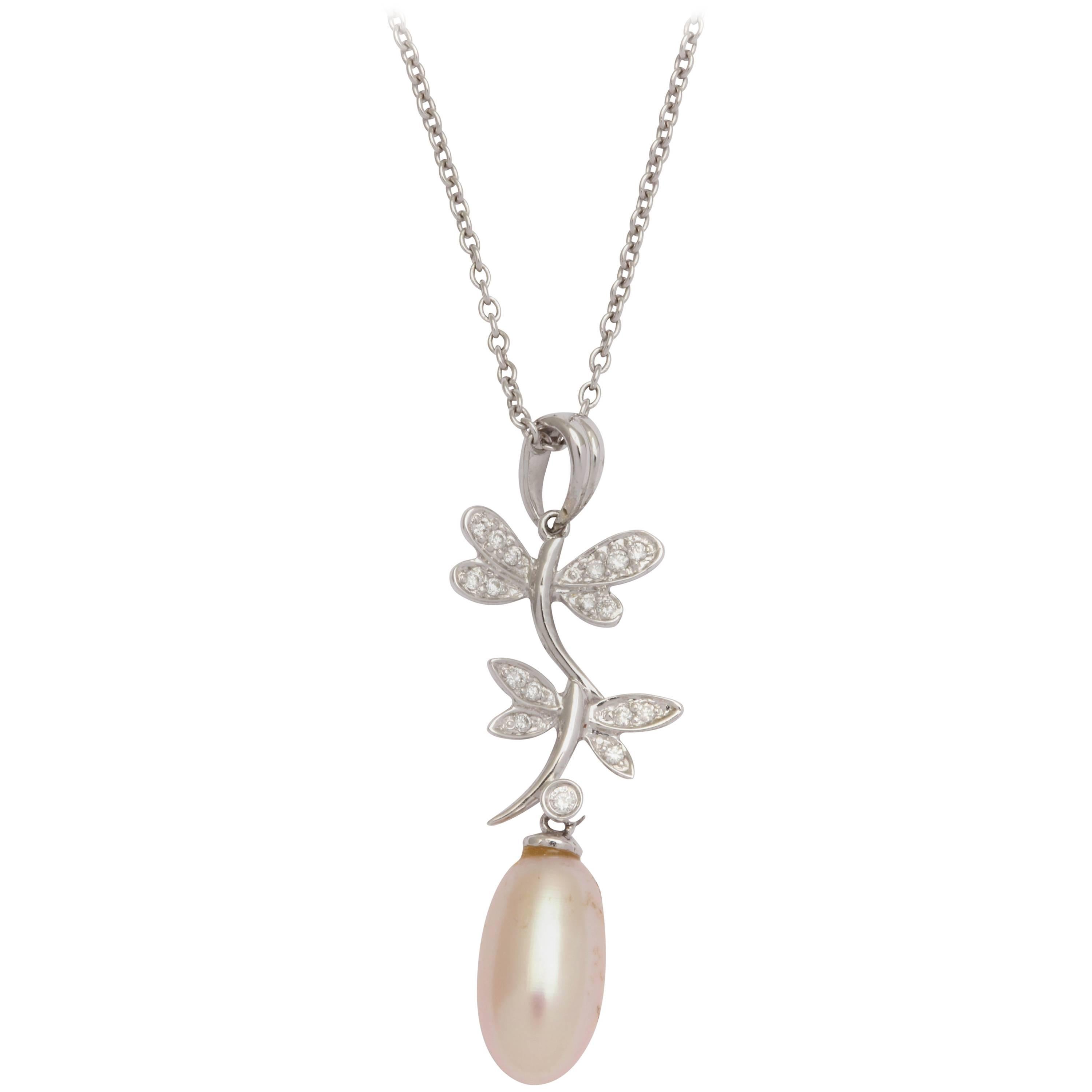 Lovely Diamond, Gold and Pearl Dragonfly Pendant For Sale