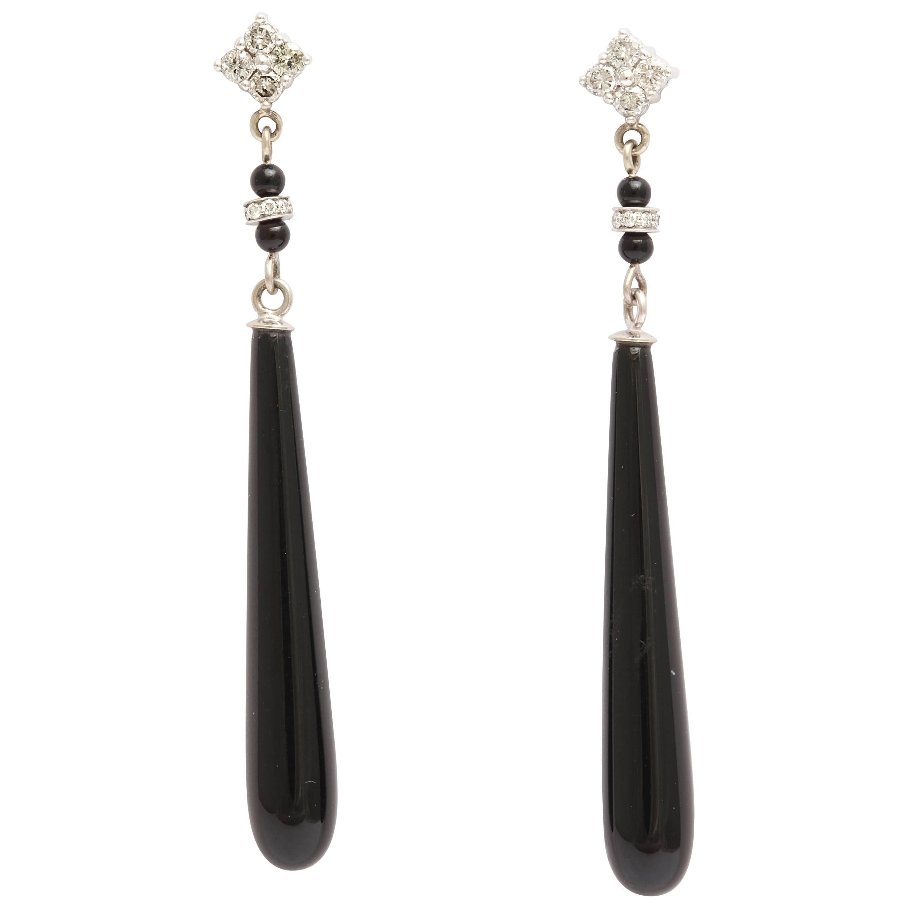 Black Onyx Diamond White Gold Drop Earrings For Sale