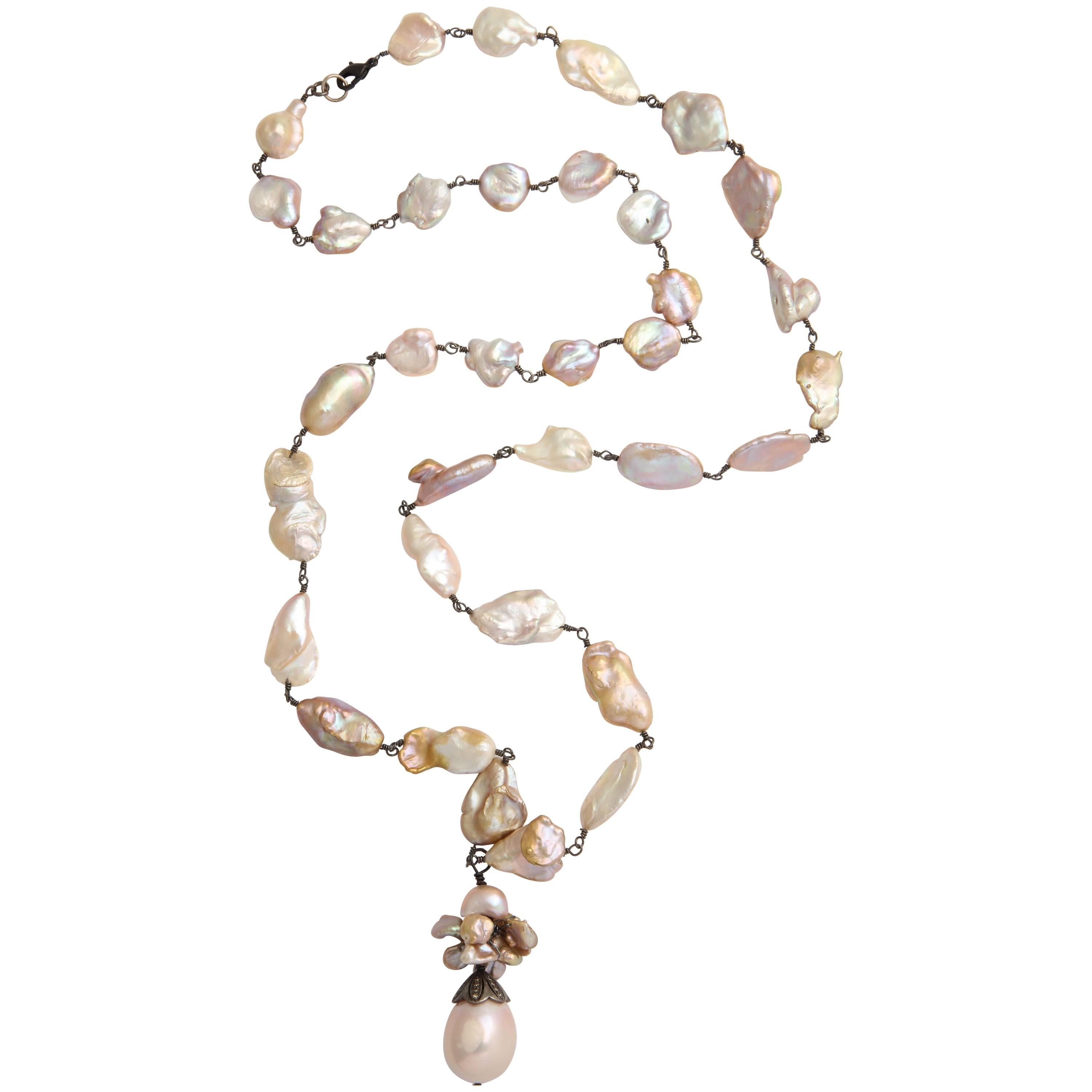 Elegantly Long Multi-Color Baroque Pearl Tassle Necklace For Sale