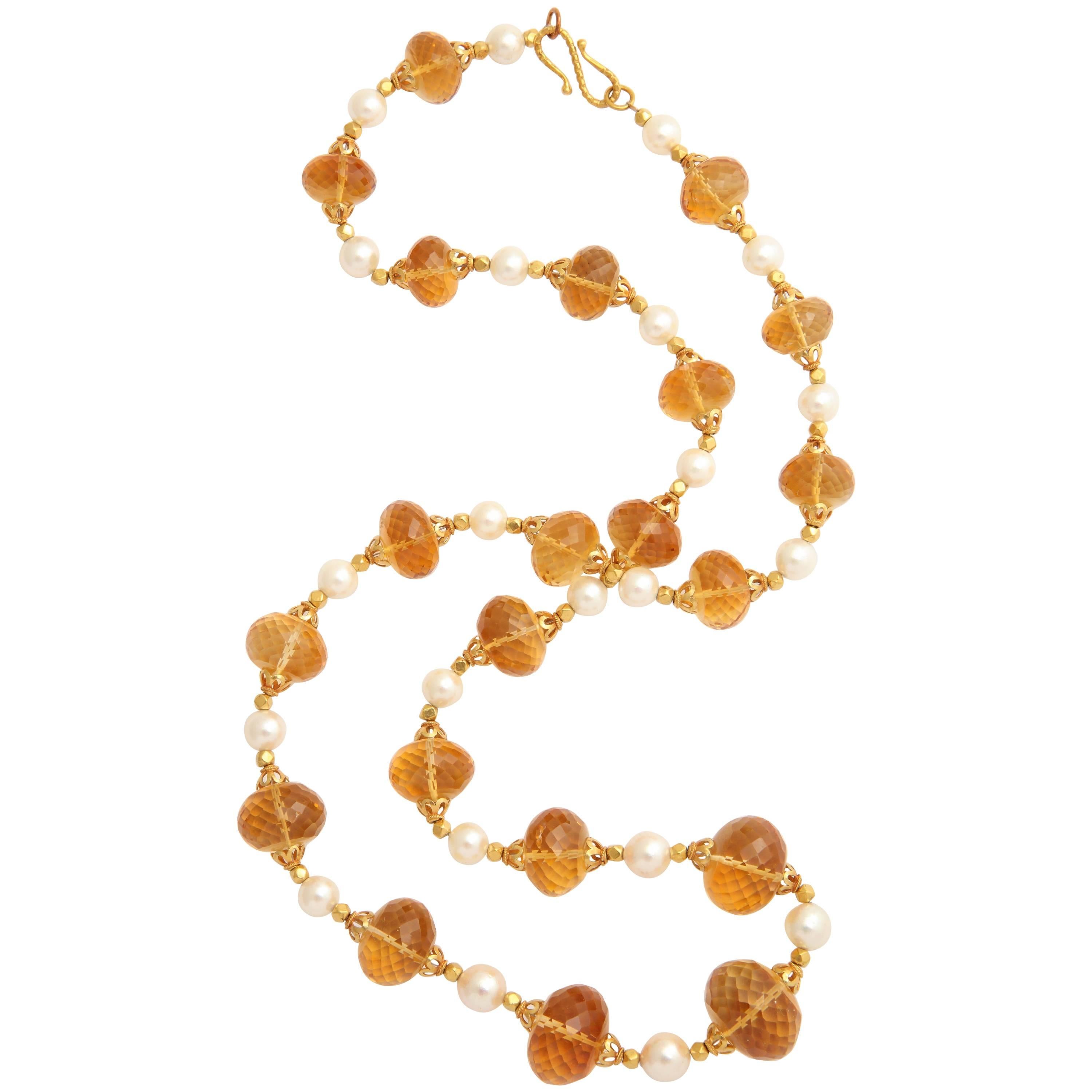 Superb Faceted Citrine Bead, Gold and Pearl Necklace