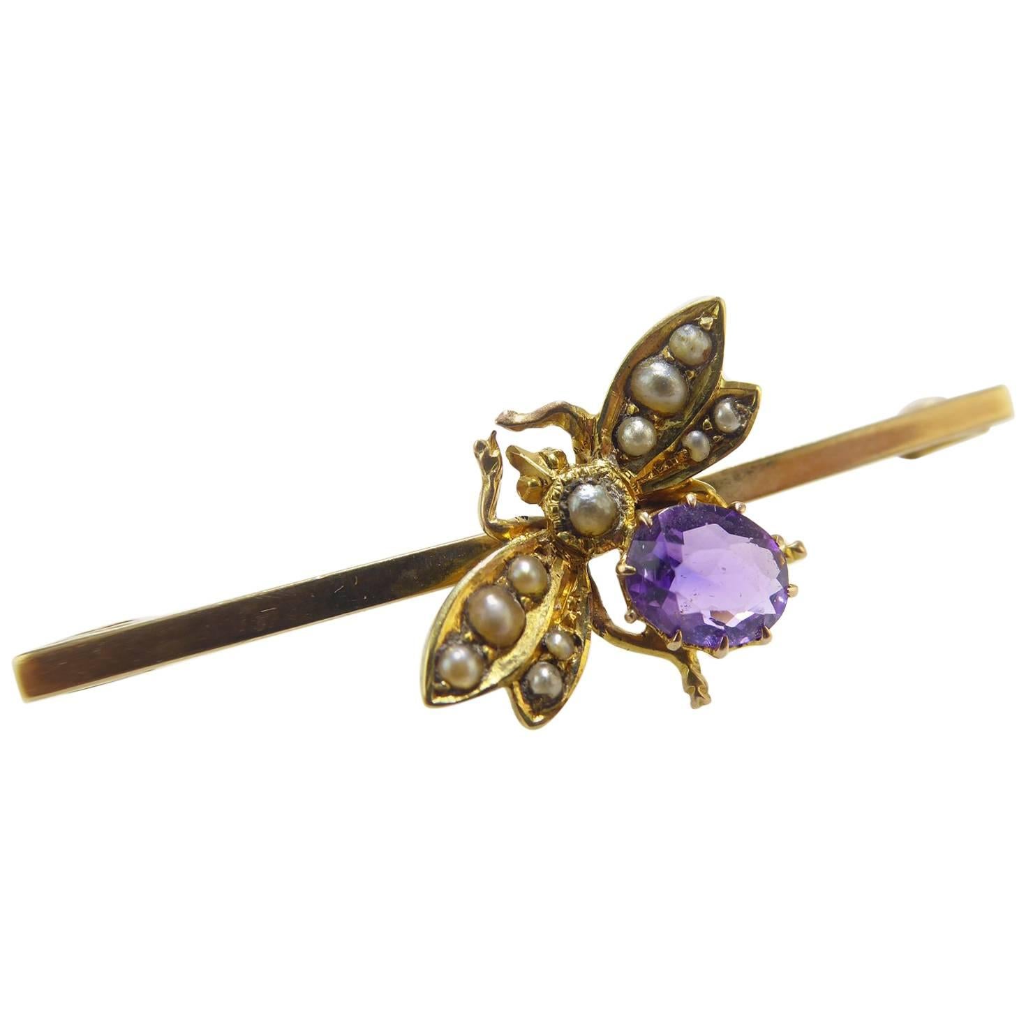 Antique Victorian Amethyst and Pearl Bee Brooch, 15 Carat Gold Bar