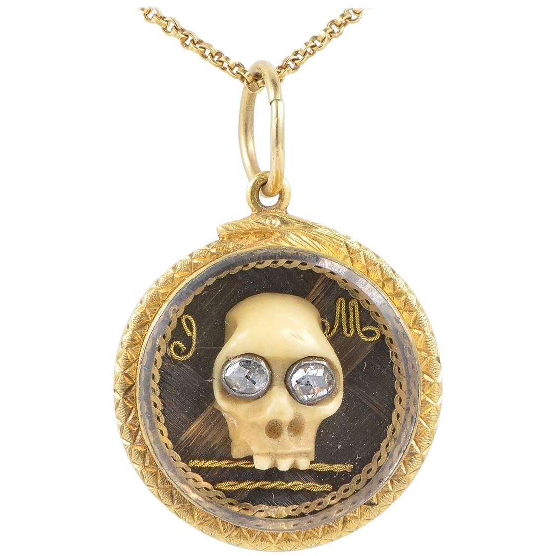 Anmtique Crystal Memento Mori Diamond Pendant 22 Karat Gold