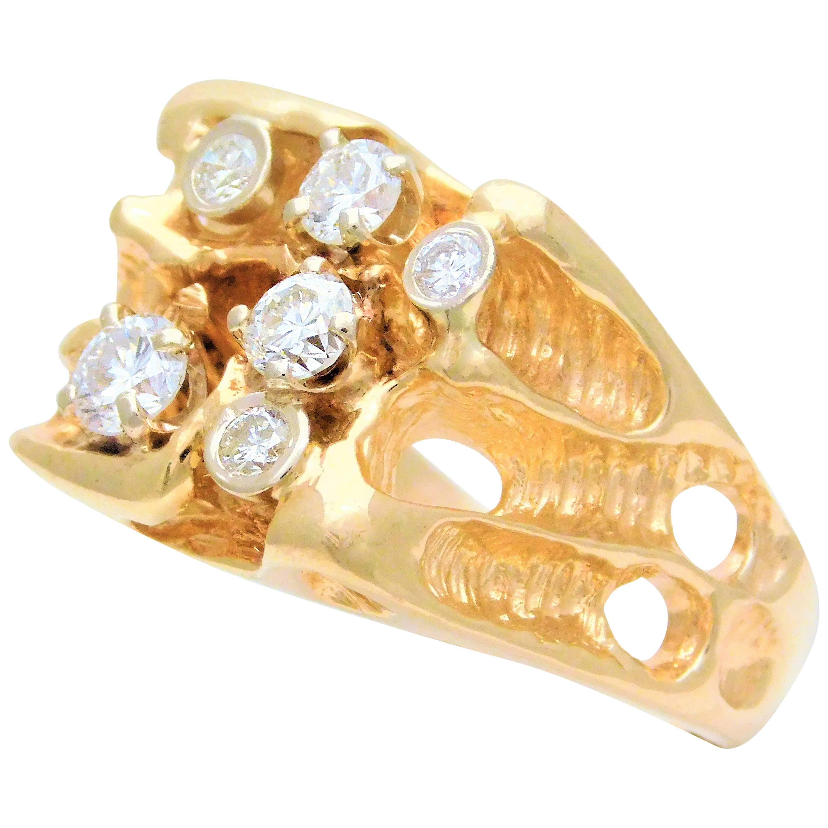 Gents 14 Karat Yellow Gold Ring with Diamonds For Sale