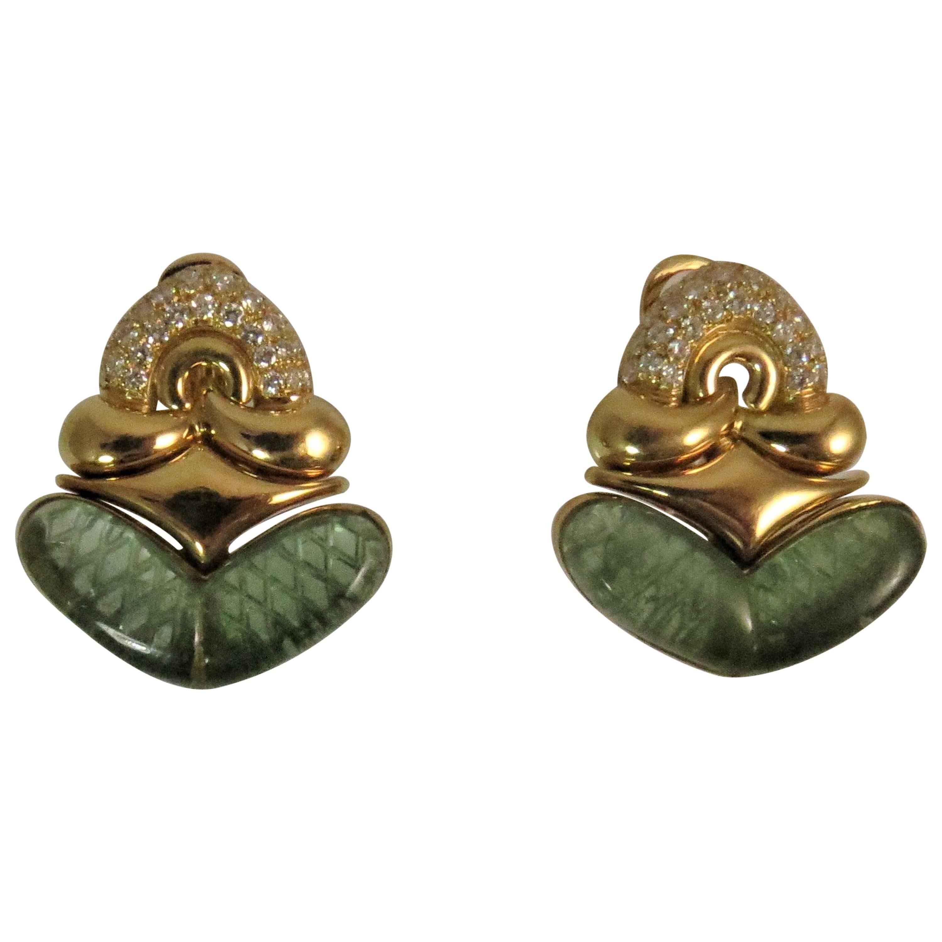 Bulgari Carved Green Tourmaline Diamond Gold Flexible Earrings
