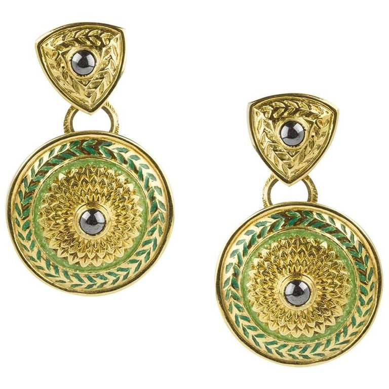 Jackie Collins Estate Large Hematite Enamel Gold Ear Pendants For Sale